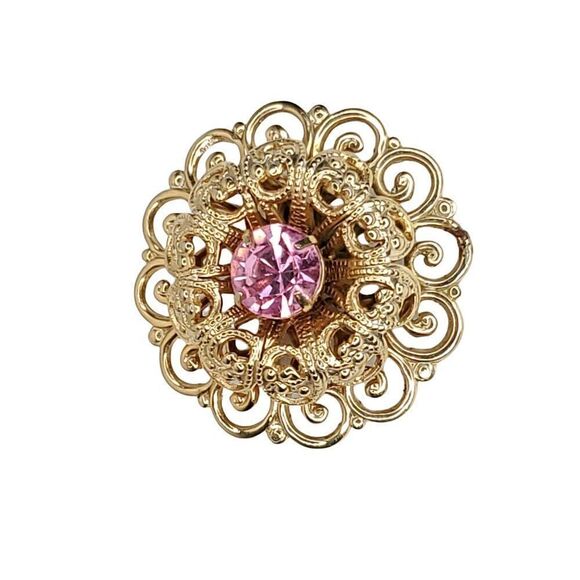 Vintage Coro Filagree Floral Brooch Pink Rhinestone Goldtone 1 3/8" - Picture 1 of 3